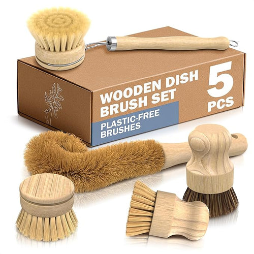 5 Pcs Bamboo Dish Brush Set – Bamboo Dish Scrubber by ZOKLU