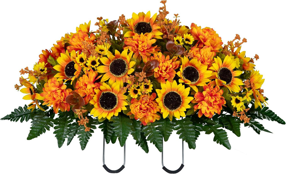 Sympathy Silks 30-Inch Fall Headstone Saddle, Sunflowers & Amber Mums