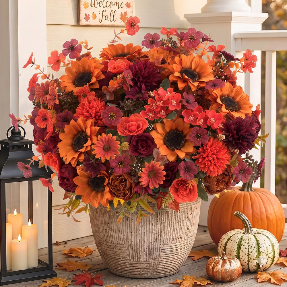 Mixed 10 Pcs Fall Artificial Sunflower Peony Bouquet, Burnt Orange Burgundy S...
