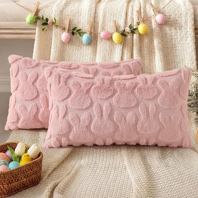 decorUhome Easter Bunny Pillow Covers 12x20 Inch Set of 2, Soft Plush Faux Wool - Image 5