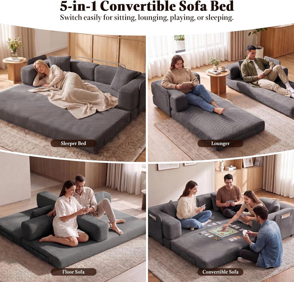79.5" Convertible Floor Sofa Bed, 5-In-1 Corduroy Futon Couch, No Assembly