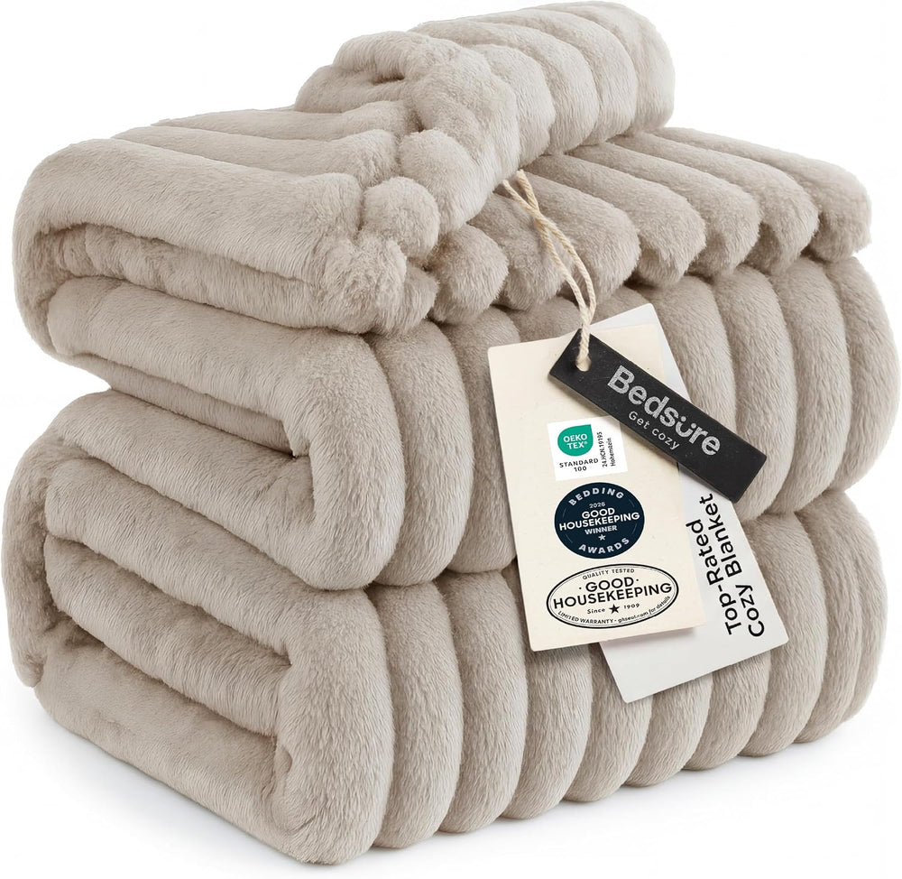 Bedsure Soft Full Size Fleece Blankets for Bed Beige 84"x90"