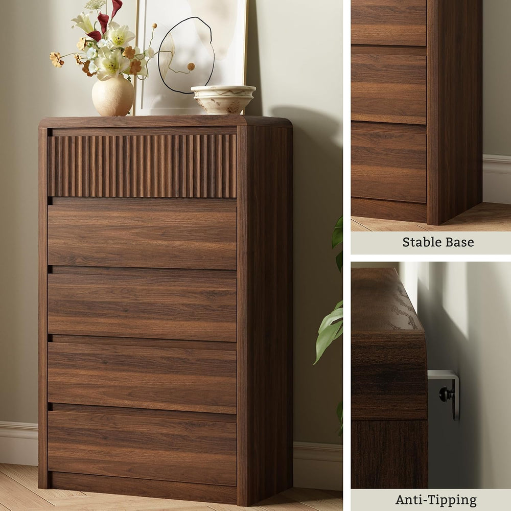 LYNSOM Walnut Fluted 5 Drawer Dresser for Bedroom, Curved Edge, 48" Tall