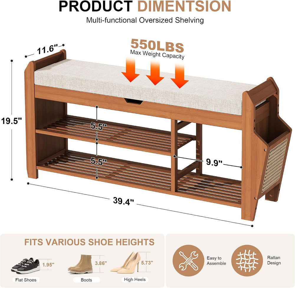 PETKABOO 39.4" Bamboo Shoe Rack Bench, 3-Tier Entryway Bench with Thick ...