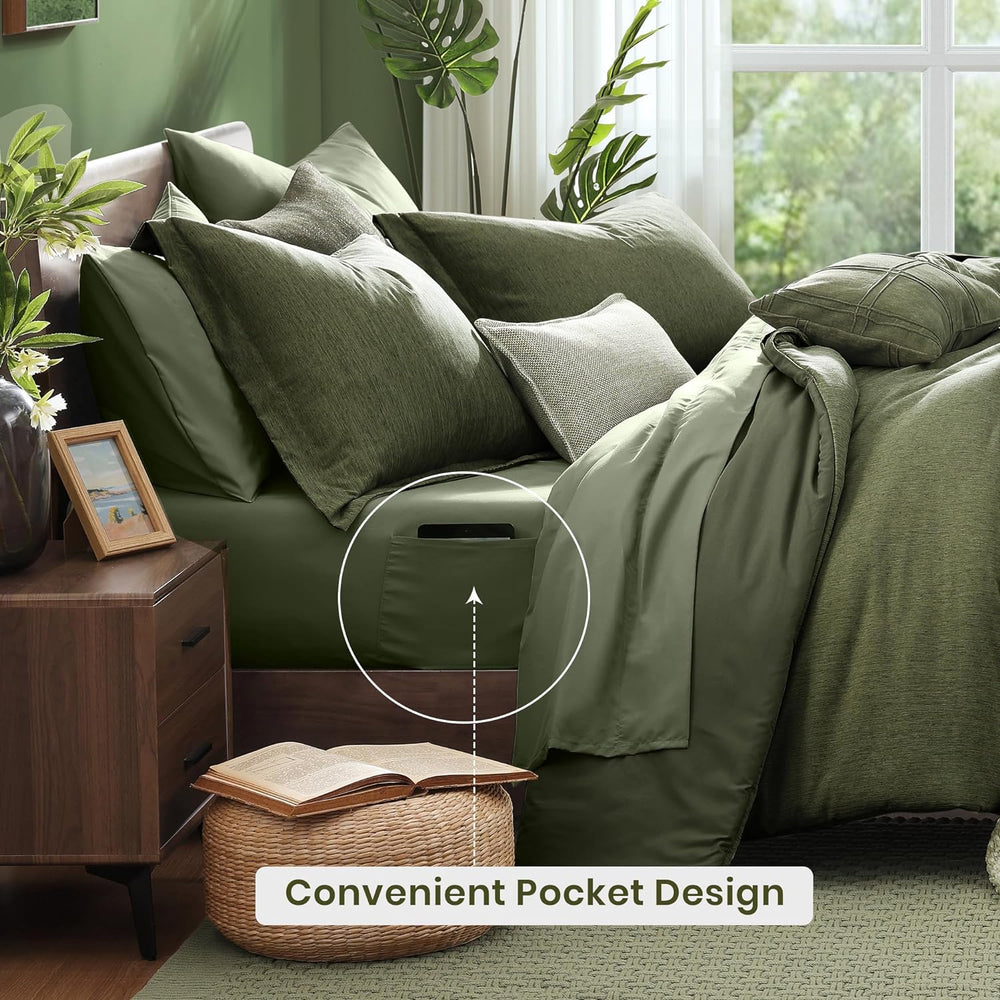 Monbix Queen Comforter Set Olive Green 7 Pieces Bed in a Bag