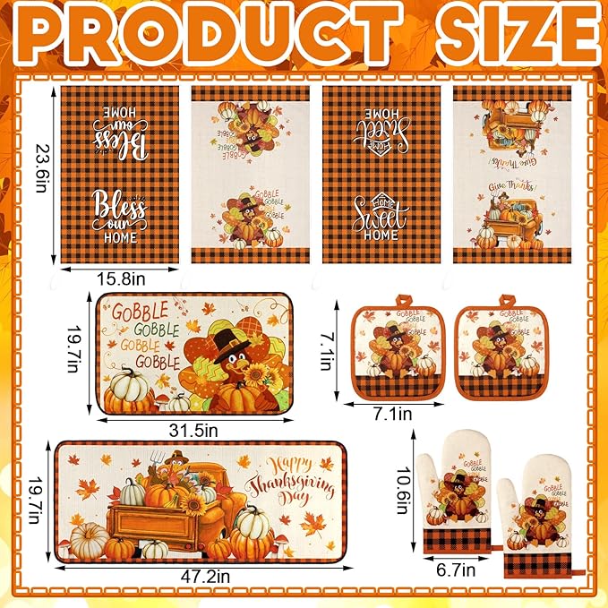 Fanfanwin 10 Pcs Fall Thanksgiving Turkey Kitchen Decor Set Kitchen Towels Pot