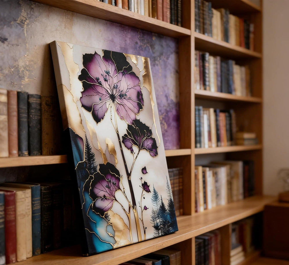 BVVEYKXX Abstract Floral Canvas Wall Art, Purple Gold Fluid Flower Prints