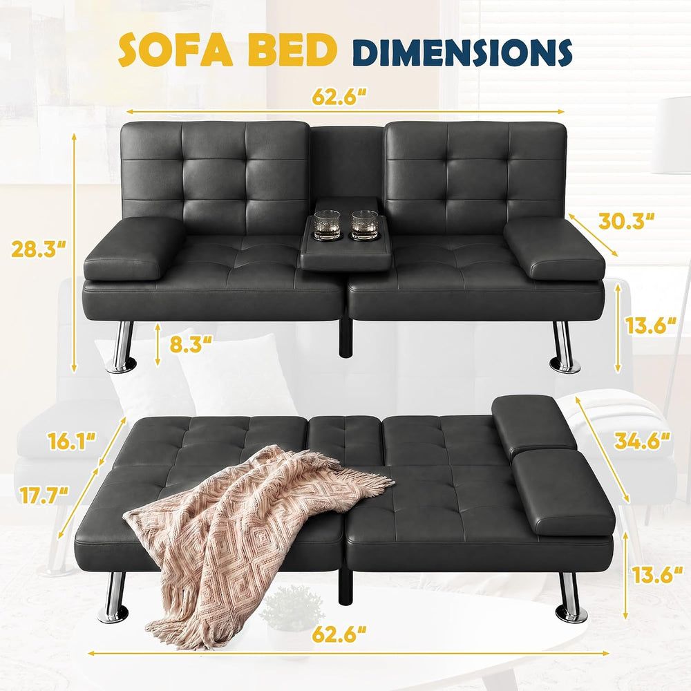 Furmax Convertible Futon Sofa Bed with Adjustable Backrest & 2 Cup Holders