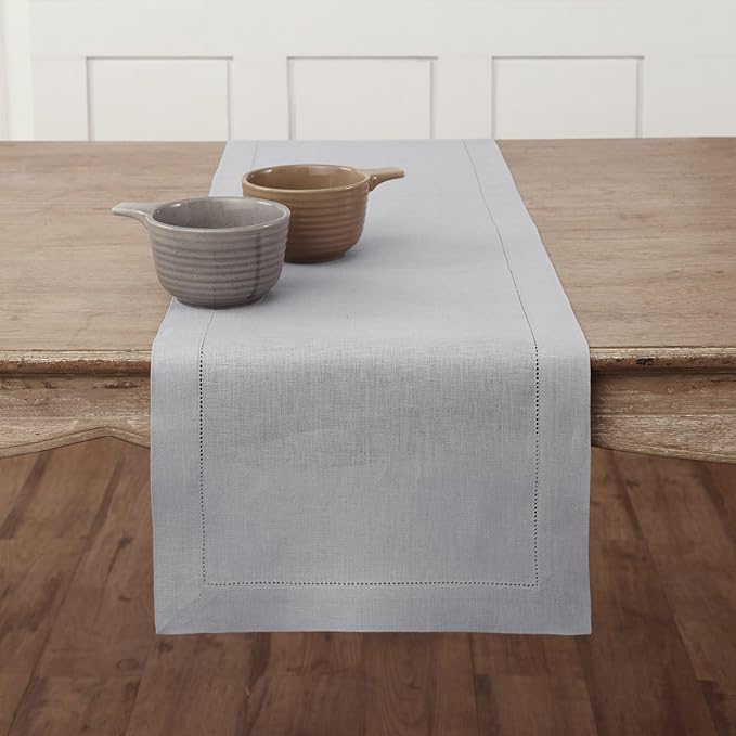 Solino Home Linen Soft Grey Table Runner 72 Inches Long - 100% Pure Linen Hem...