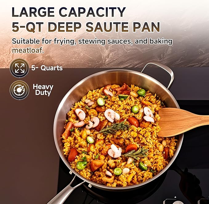 LOLYKITCH 5 Quarts Tri-Ply Stainless Steel Sauté Pan wih Lid, 12 Inch Deep - Image 2