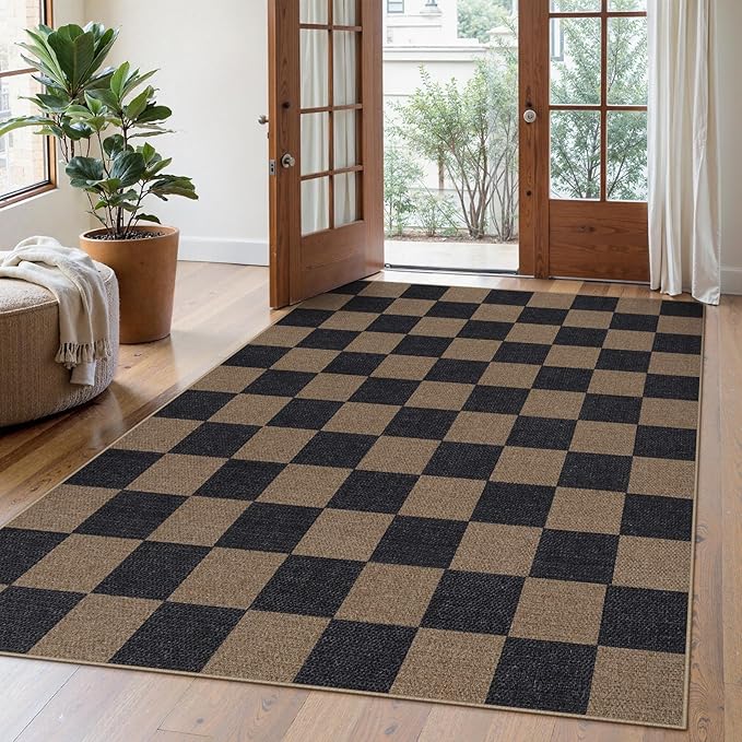 Lahome Checkered Easy Jute Living Room Rugs, 5x7 Black Dining Room Office Rug by Lahome