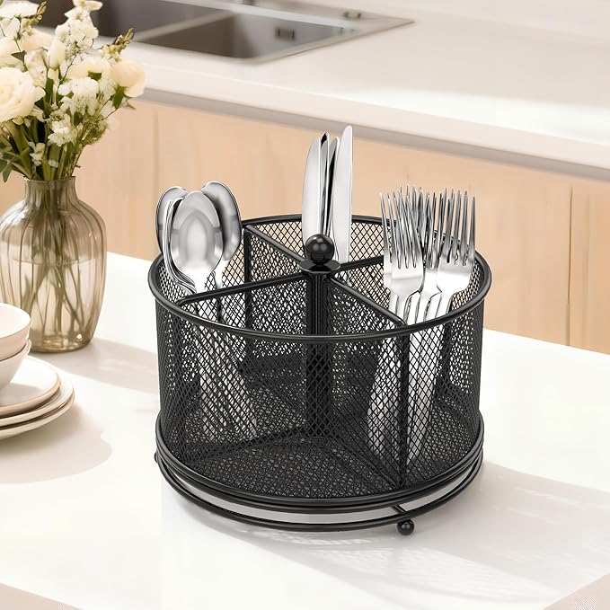 360° Rotating Metal Utensil Caddy, 4 Compartment Silverware Cutlery Holder - Image 7