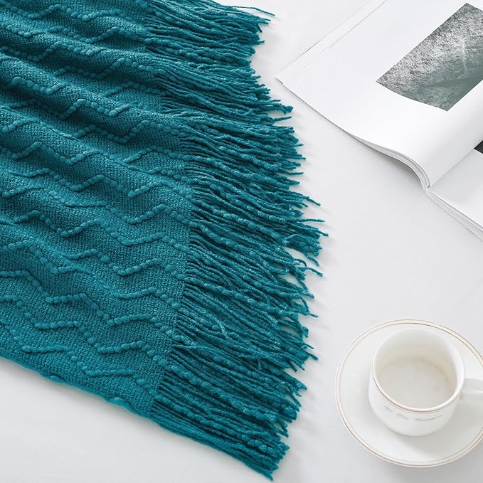 BOURINA Teal Throw Blanket 50 x90 Inches Throw Textured Solid Soft Sofa Throw - Image 6