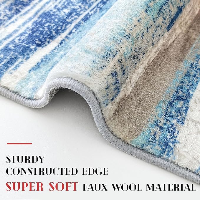 Lansny Modern Abstract Kitchen Rug Set of 2, 2x3 and 2x5 Blue Washable Rug - Image 4