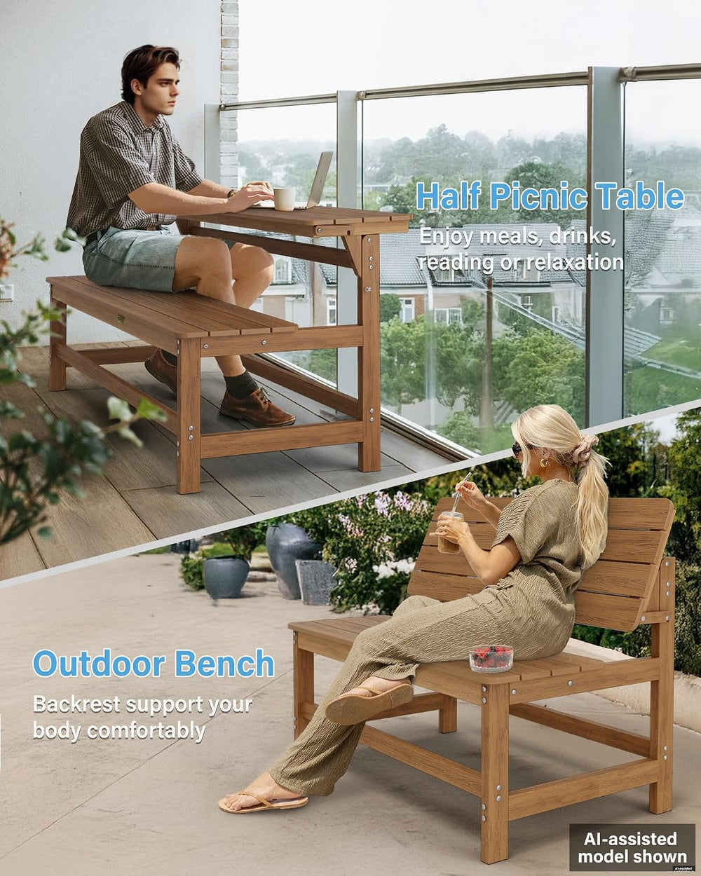 YEFU Convertible Bench Picnic Table, 2-in-1 Foldable Outdoor Bench, Teak