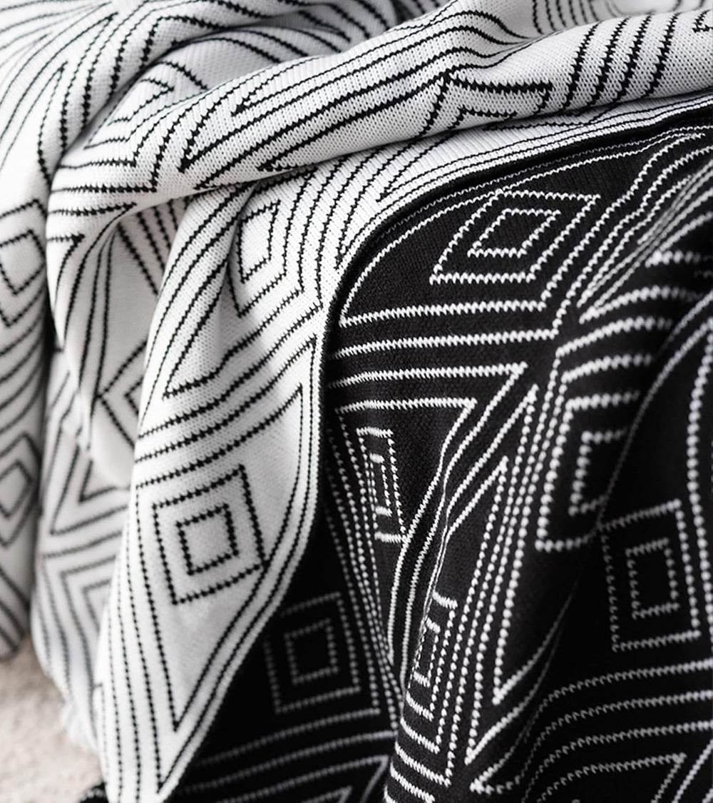 Black and White Throw Blankets Queen Size, Knitted Modern Patterned Throw Bla...
