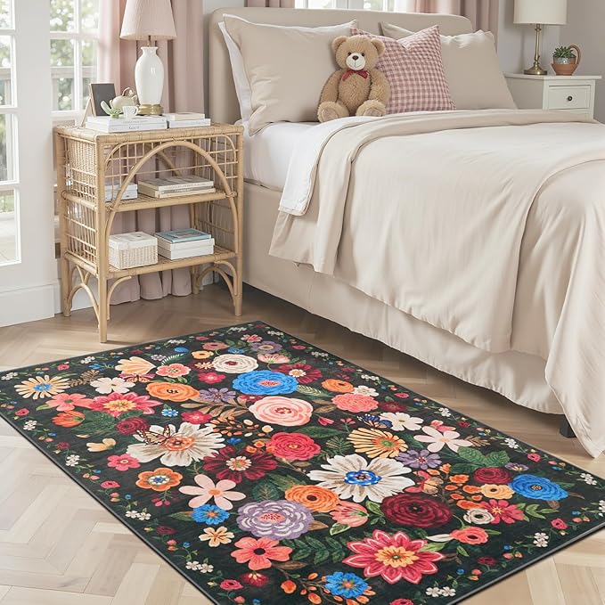 Floral Machine Washable Rug Black/Brown, 3x5 Rug Non Slip Soft Bedroom Rugs by WelcometoBabovid