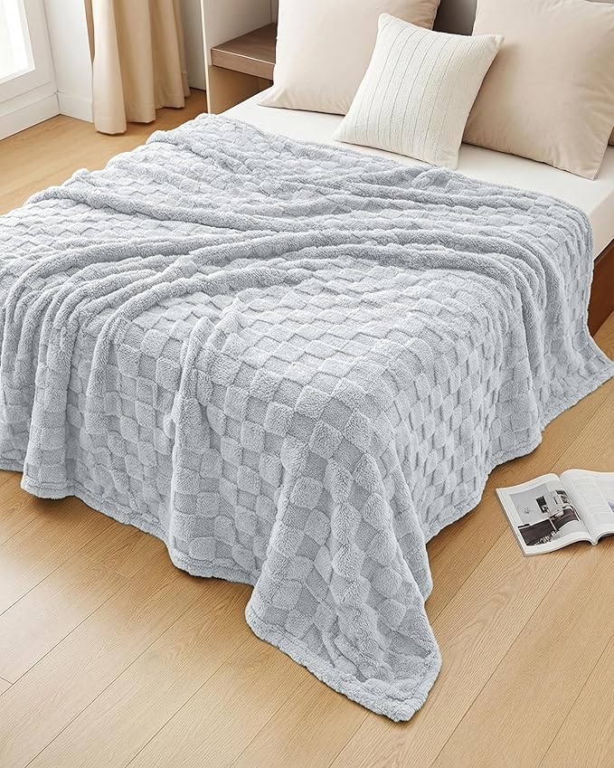 Utopia Bedding Cool Grey Checkered Fleece Queen Blanket - Image 5