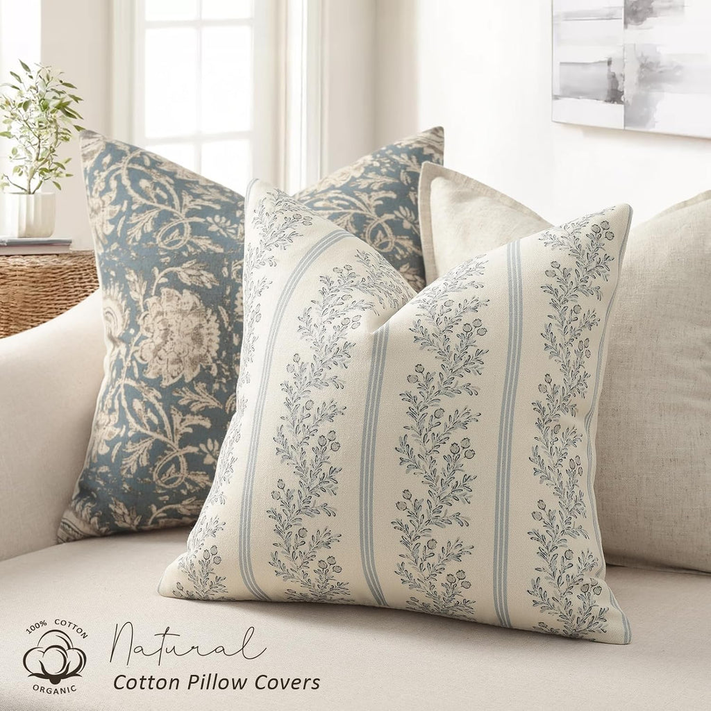 Vintage Throw Pillow Covers 18x18 Set of 2, Striped Floral Pillow Cover Botanical Patterned Decorative Cushion Covers Modern Farmhouse Home Decor for Sofa Couch Bed Living Room, Light Blue