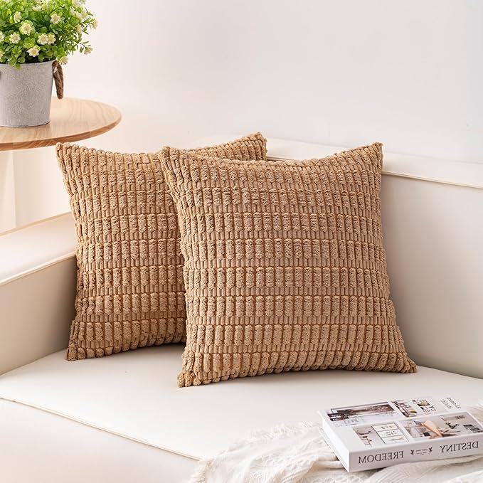 Pack of 2 Corduroy Decorative Throw Pillow Covers 20x20 InchSoft Striped Pillow by Unknown