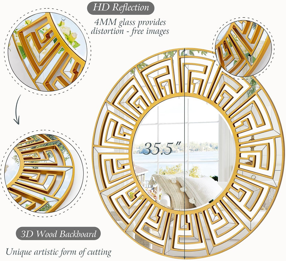 35.5"x35.5" Large Round Mirrors for Wall Decor Living Room, Gold De...