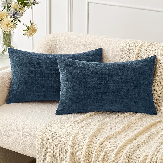 MIULEE Pack of 2 Blue Throw Pillow Covers 12x20 Inch Soft Chenille Lumbar by MIULEE