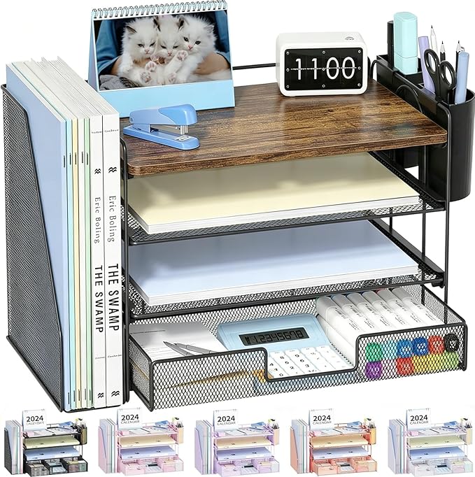 OPNICE Wood Desk Organizers and Accessories, 4-Tier Desktop File Organizer by OPNICE