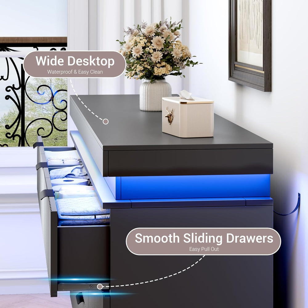 Fluted 9 Drawer Dresser for Bedroom with Charging Station, Black