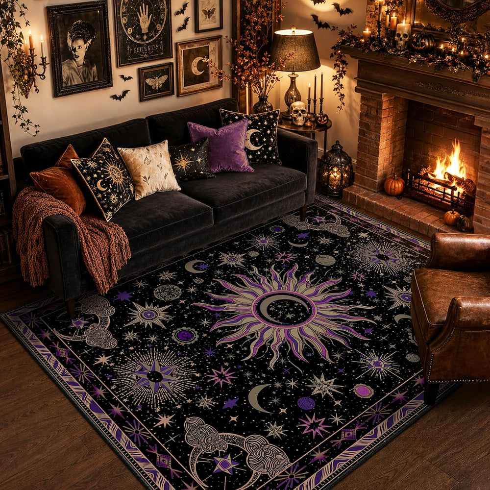 Vacuum-Friendly, 5x7 Washable Area Rug, Black Purple Beige