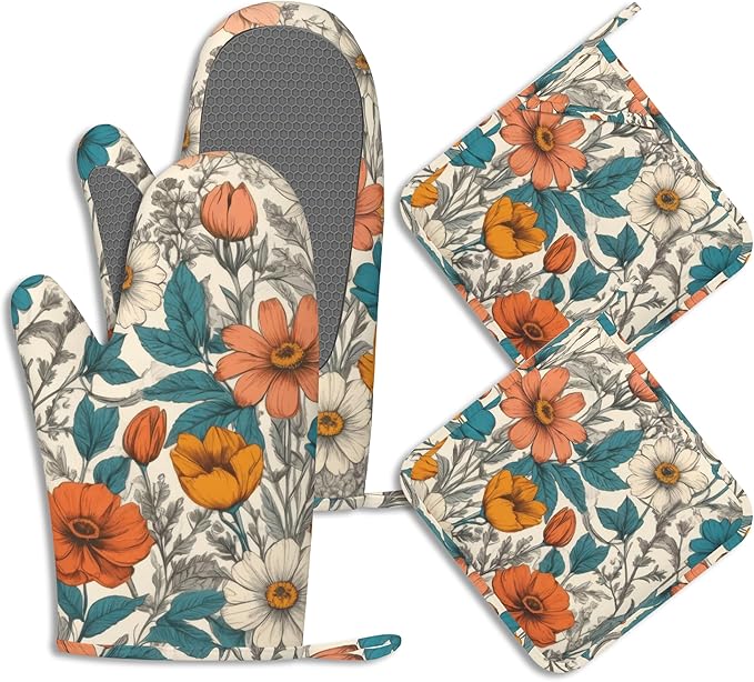 Vintage Floral Potholders & Oven Mitts Sets Abstract Flowers Silicone Heat by BIGXIUKA