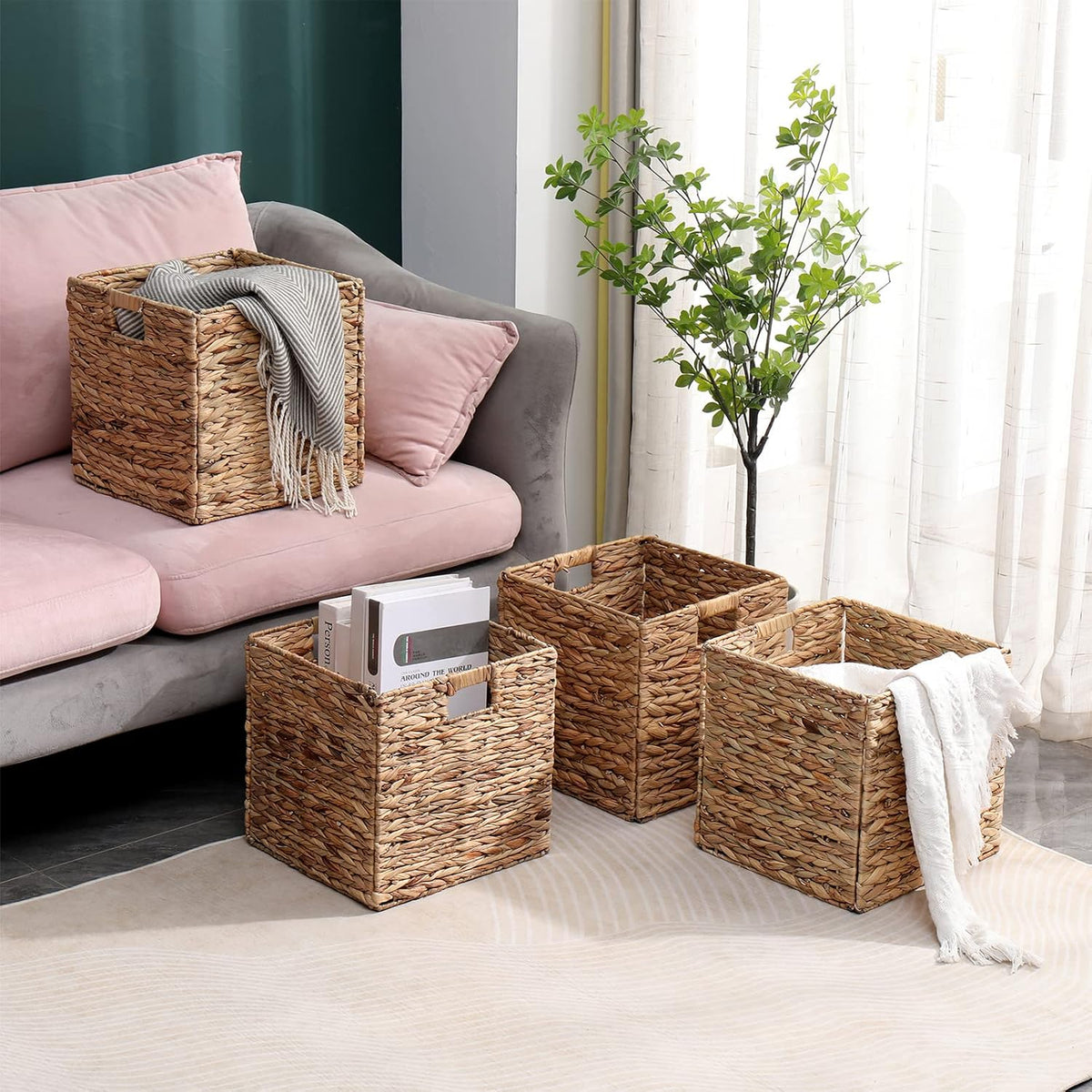 12x12in storage baskets 4 pcs water hyacinth basket,foldable, main product view