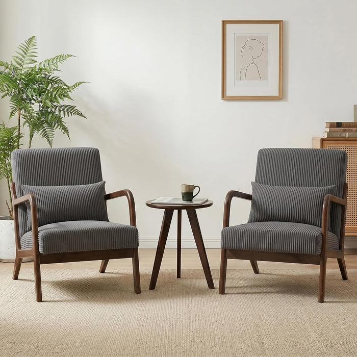 Mid Century Modern Accent Chairs Set of 2, Upholstered Fabric Armchairs with Lumbar Pillows and Solid Rubberwood Frame, Dark Gray