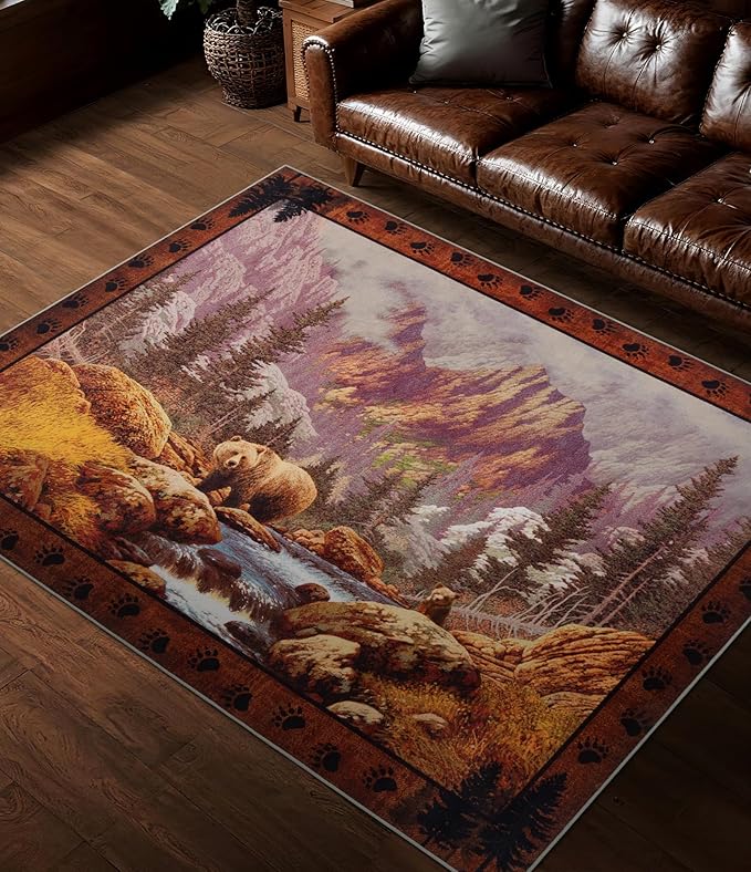 YIHOUSE Rustic Cabin Area Rug for Bedroom 5x7, Machine Washable Woodland Bear by YIHOUSE
