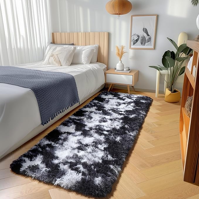 ONASAR Runner Rugs for Bedroom Living Room, Fluffy Black and White 2x6 Bedside - Image 4