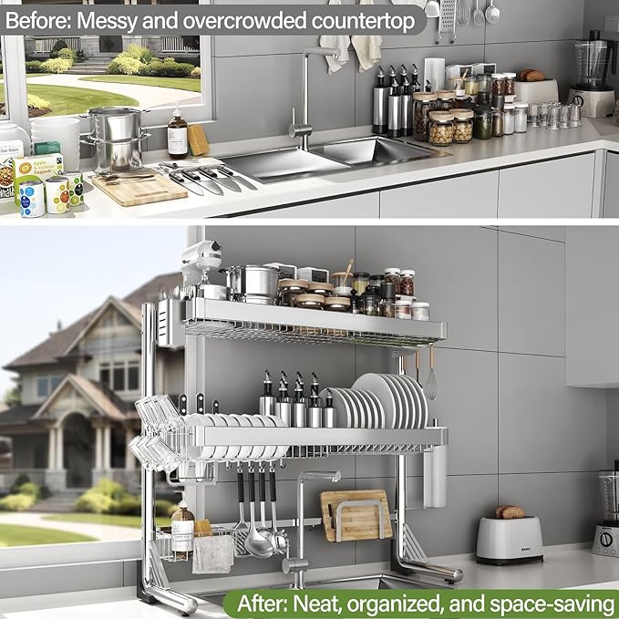 Over The Sink Dish Drainer Drying Rack 3 Tier, Full Stainless Steel Dish Drying - Image 8