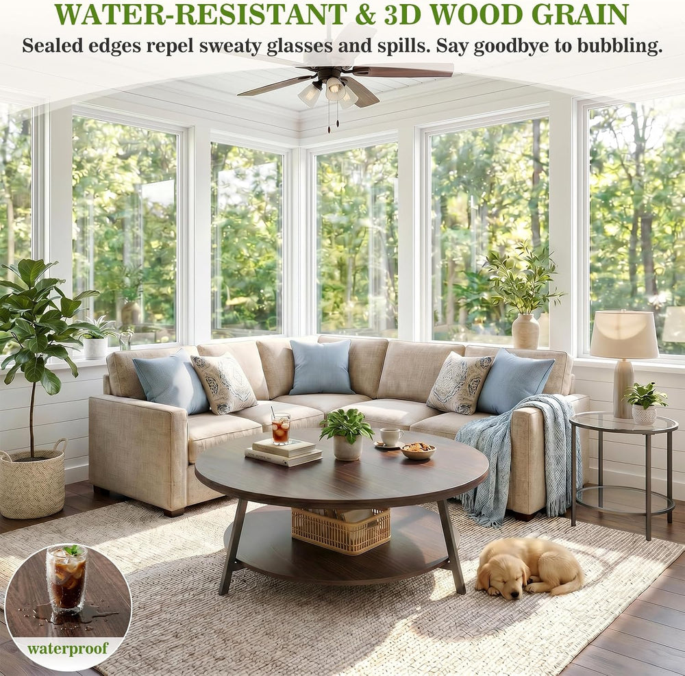 35.4" Round Wood Coffee Table with 2-Tier Storage, 1" Thick Top