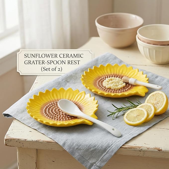 Sunflower-Shaped 2pcs Ceramic Grater Plate & Spoon Rest - Image 5
