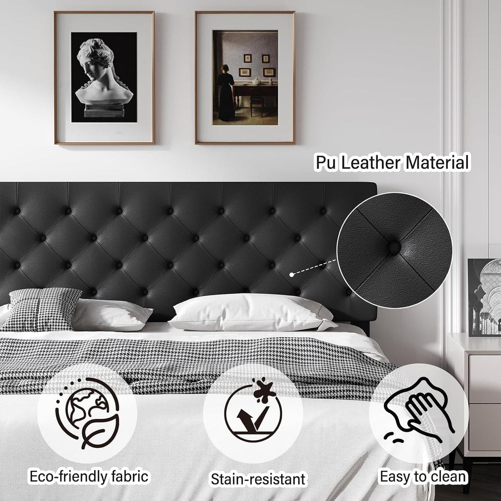 REVOMINCA Full Faux Leather Bed Frame with Headboard, Black