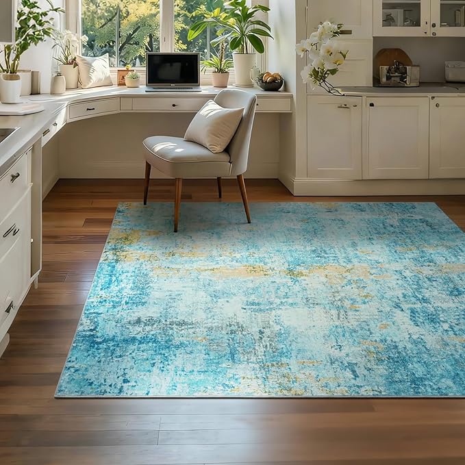 Entryway Rug 3x5 Teal Blue Bedroom Area Rug Washable Non Slip Abstract Boho Rugs - Image 4