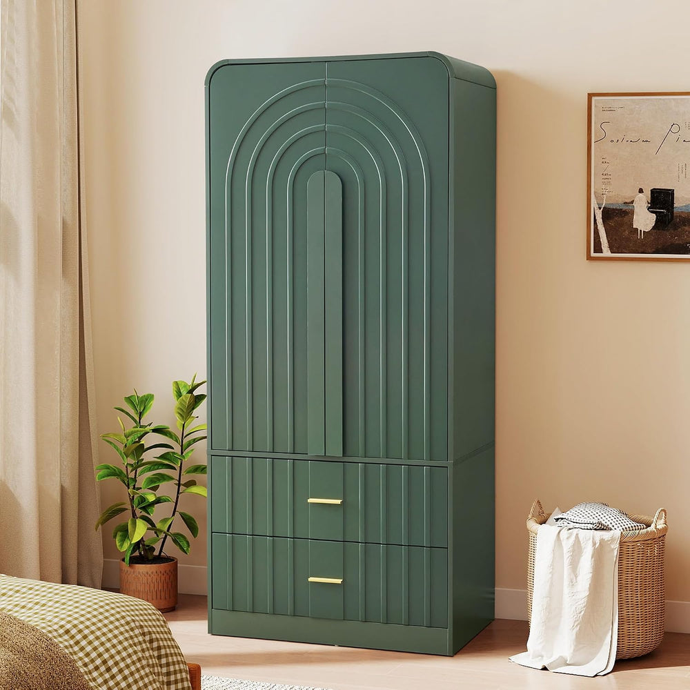 Freestanding Armoire Wardrobe Closet with Arched Fluted 2 Doors and 2 Storage...