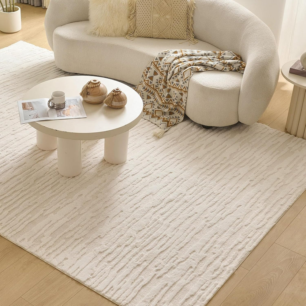 Textured High-Low Striped Area Rug Neutrel, Washable Cozy 6*8 feet