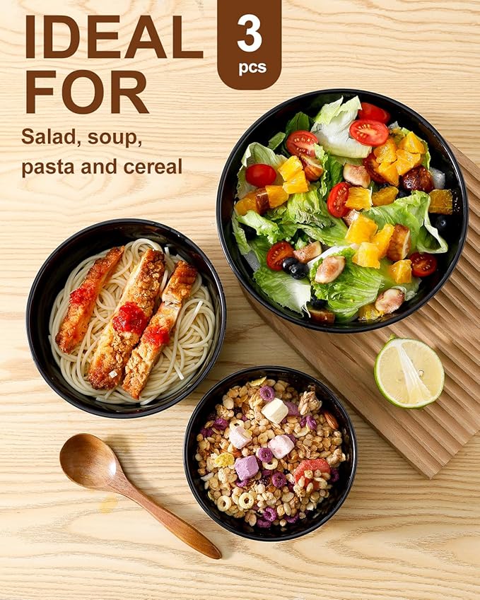 HASENSE Small Mixing Bowls of 3, Porcelain Ribbed Black Bowls 1.5/1/0.5 Qt - Image 6