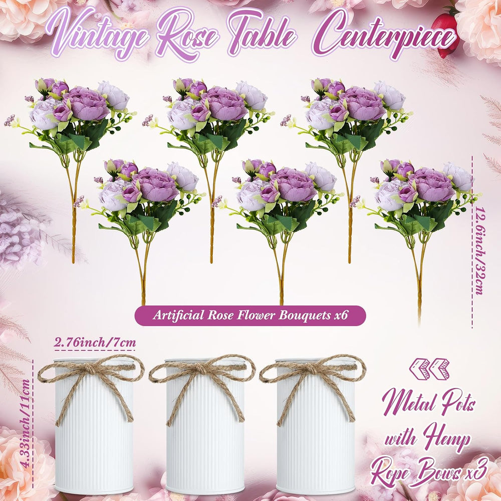 3 Sets Artificial Peonies Flower Peony Bouquet with Galvanized Metal Pot Silk...