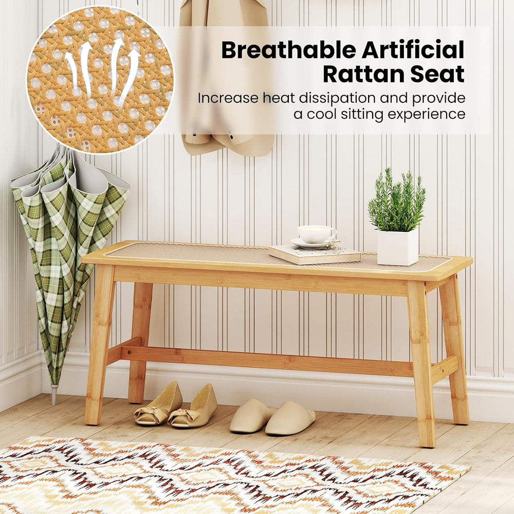 GOFLAME 39.5” Bamboo Dining Bench with Rattan Seat, Farmhouse End of Bed Benc...