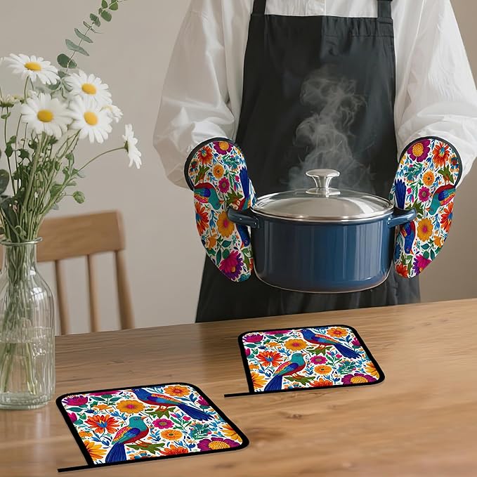 Colorful Bird Oven Mitts and Pot Holders, Flowers Mexican Style Heat Resistant - Image 7