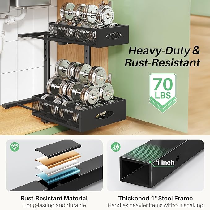 Under Sink Organizer, L-Shaped Adjustable Height, Mesh Sliding Drawer - Image 6