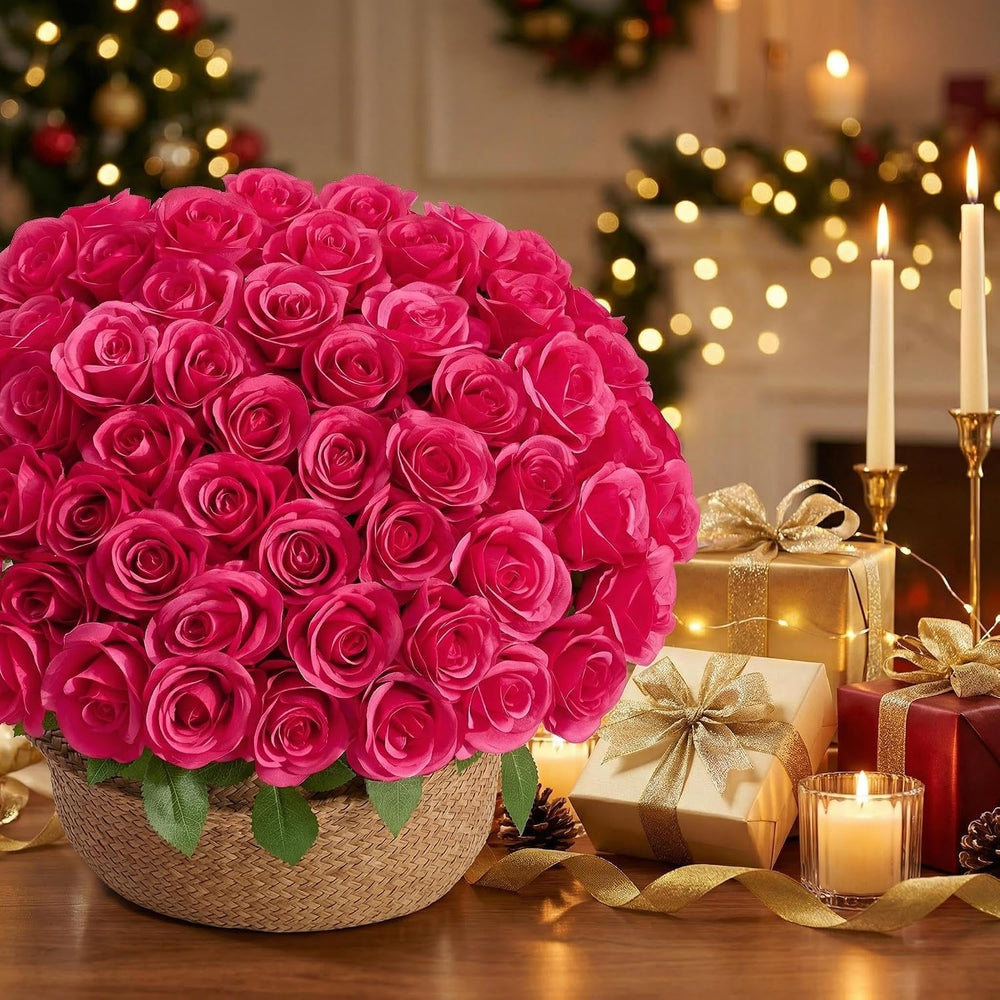55 Pcs Hot Pink Roses Artificial Flowers Bulk, Artificial Roses Fake Flowers ...