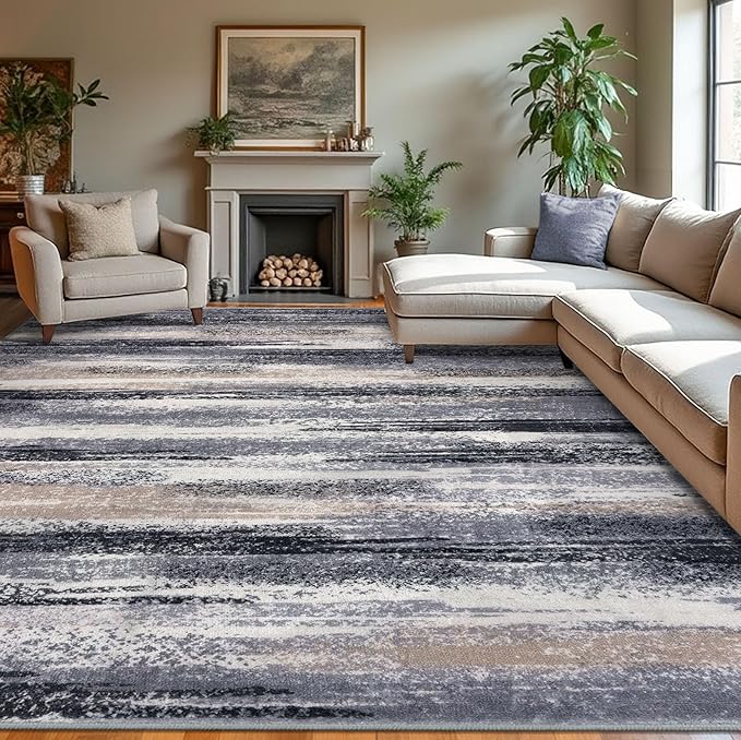 Lansny Modern Abstract 9x12 Large Machine Washable Living Room Rug Non-Slip by lansny