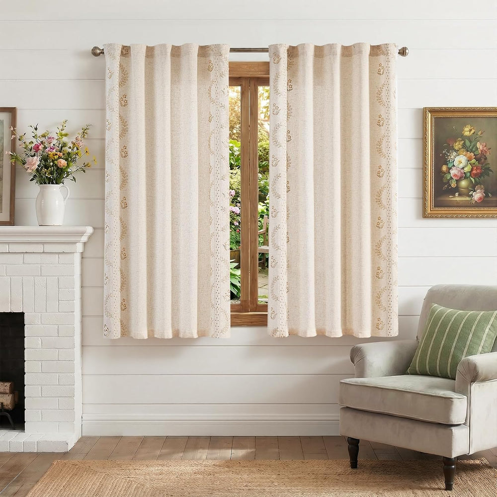 jinchan Beige Floral Linen Kitchen Tier Curtains 50x54 Inch 2 Panels