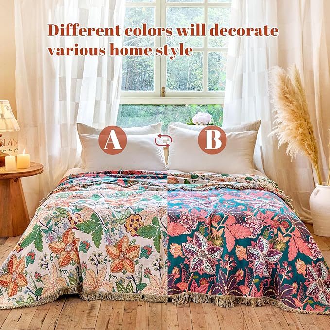 MSGKV Boho Throw Blanket for Couch Chair 100% Cotton Embroidery Floral Blanket - Image 3
